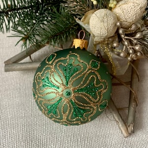 Green Christmas glass ball ornament, Hand painted Christmas glass decorations, traditional XMAS glass ornament, crafted Christmas handmade