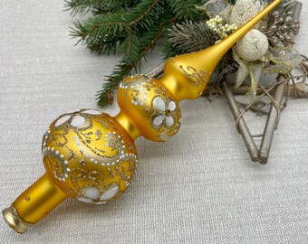 Gold Christmas glass tree topper 11 inch,vintage tree topper Christmas,Glass Finial Xmas Tree top, Festive Spire Ornament, Tree decor