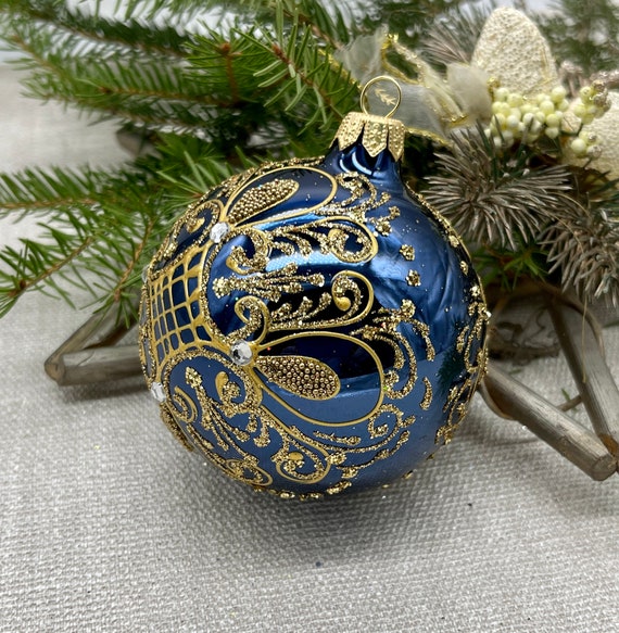 ブルーのクリスマスガラスボールオーナメント、手描きのクリスマス