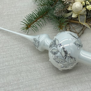 Big white Christmas glass tree topper 12 inch,Glass Finial Xmas Tree top, Festive Spire Ornament, Tree decor,vintage tree topper Christmas