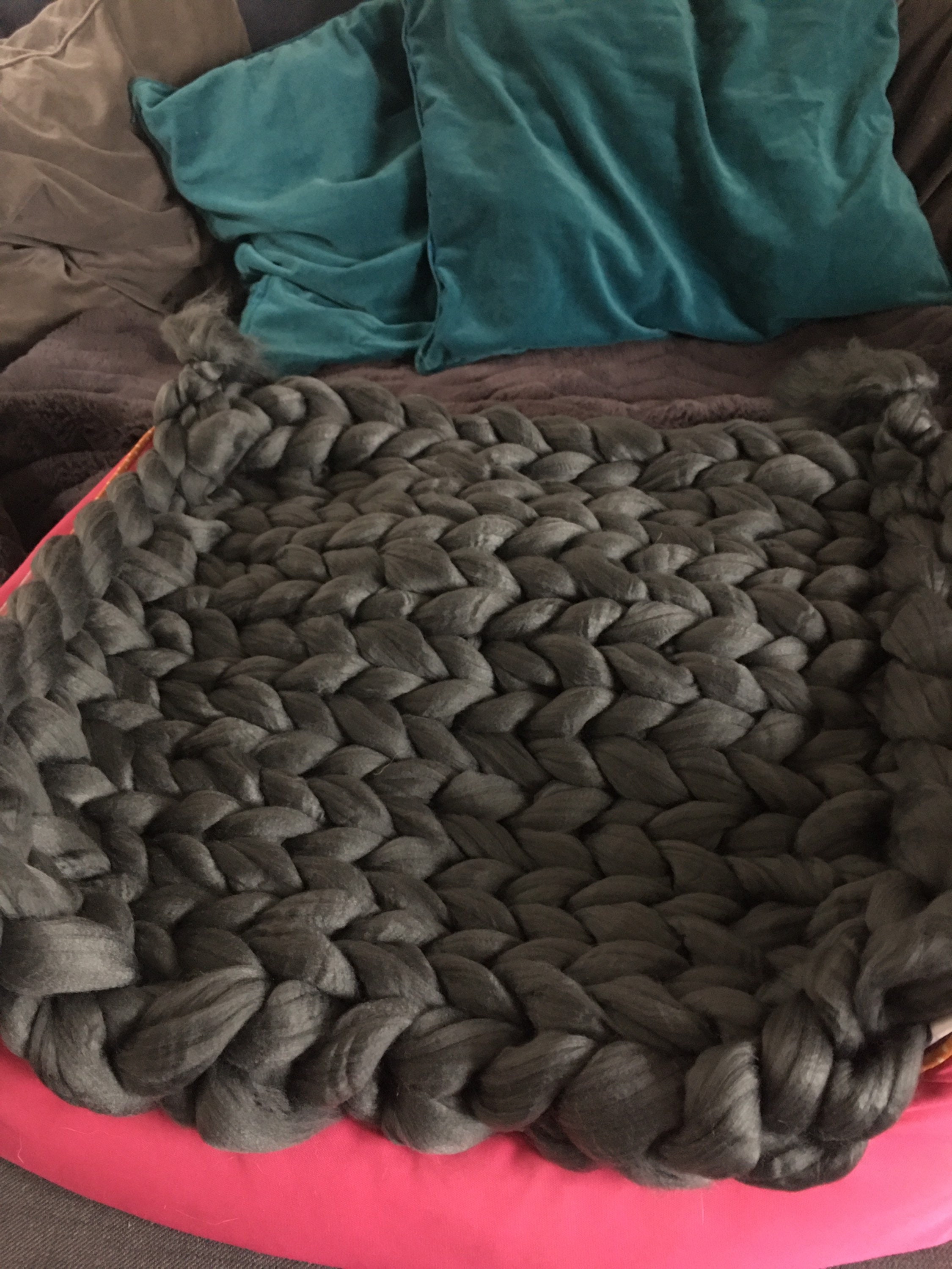 Chunky hand knitted dog bed/pet blanket in soft grey. Giant Etsy