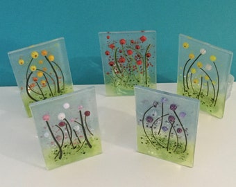 Meadow Flowers Tealight Holder, Poppy Tealight Holder,  Fused Glass Tealight Holder,