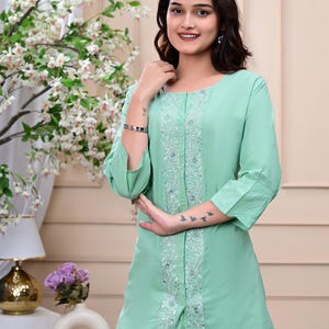 Pista Green Cotton Embroidered Co-ord Set – Two Piece Cord Set | Summer Outfit | Ethnic Embroidery Lounge Set | Handmade Boho Chic Clothing