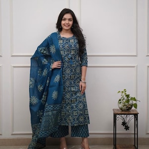Floral Printed Cotton Kurti Set | Kurta Pant Dupatta Combo | Comfortable Indian Suit for Women