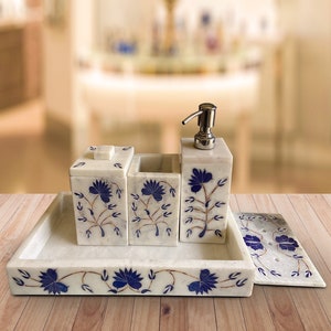 Marble Bathroom Accessories Set, Soap Dispenser Set with Vanity Tray, Marble Inlay Bathroom set, Modern Bathroom Accessories