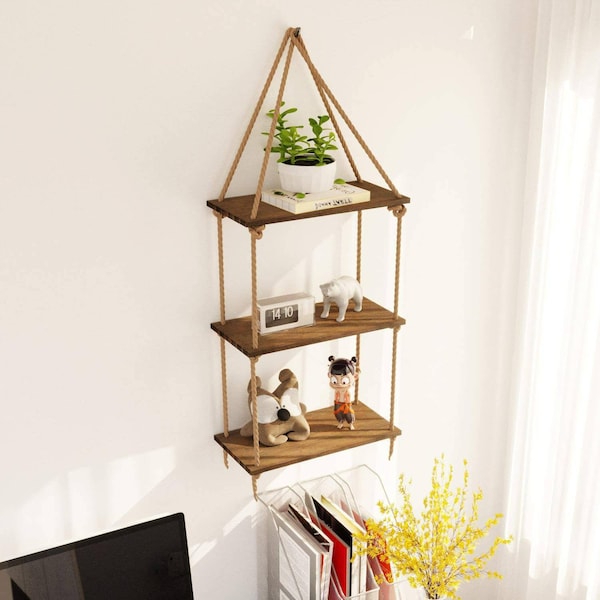 Wooden floating Shelves, Hanging Rope Shelves for Wall, Swing Plant Shelf, 3 tier hanging wall shelves