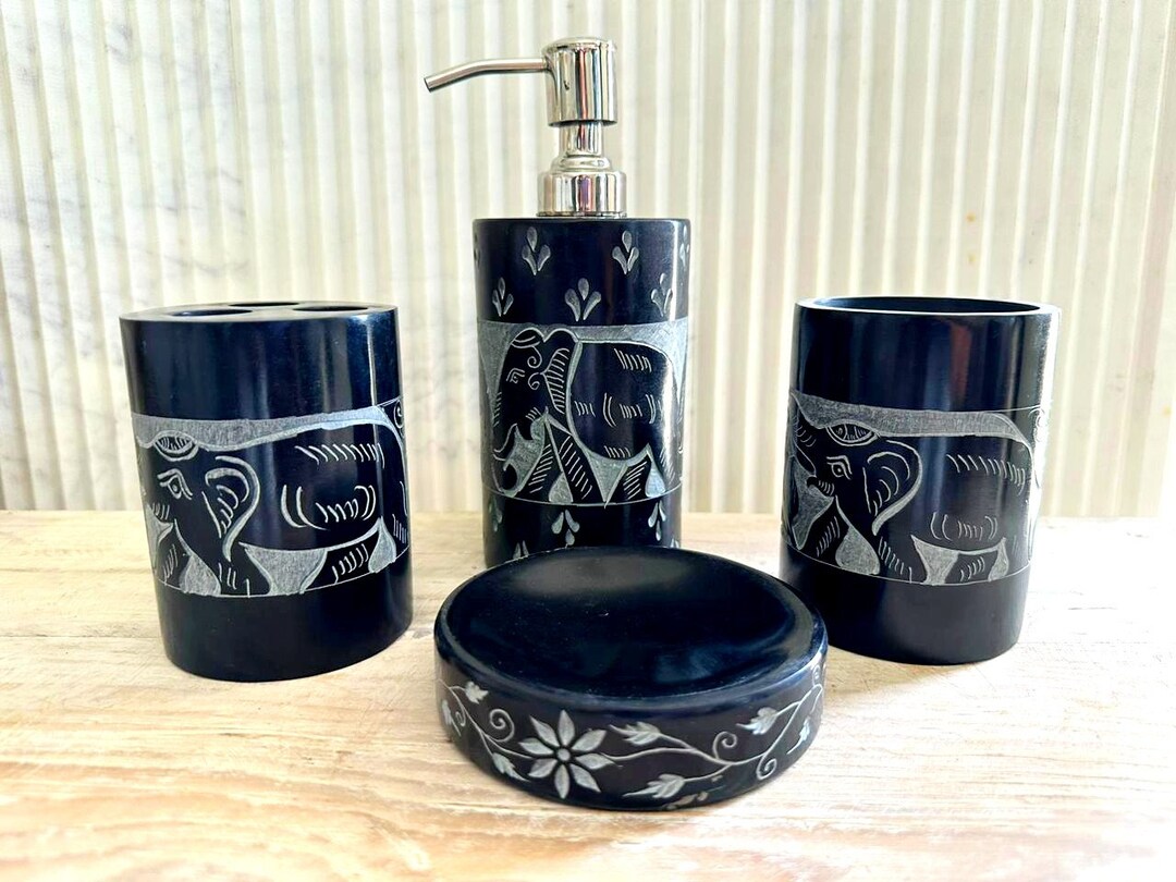 Black Marble Bathroom Accessories Set, Hand Carved Marble Soap