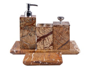 Bathroom Accessories Set of Marble, Soap Dispenser Set with Marble Tray, Luxurious Bathroom Storage Set for Home Decor