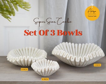 Set of 3 Marble Ruffle Bowls, Marble Fluted Bowl, Scalloped Bowl, Marble Ruffle Bowl, Marble Jewellery Dish, Marble Lotus Bowl