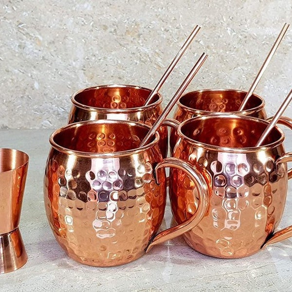 Copper Moscow Mule Becher mit kostenlosem Stroh, reines Kupfer gehämmert Becher 16 Unzen. Mit Kupfer Schnapsglas und Strohhalmen, Kupfer Fassförmige Mules
