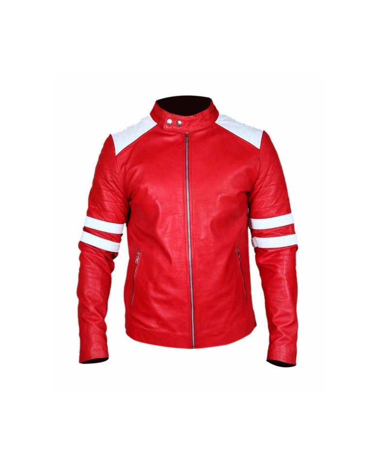 Men Red and White Stripes Sheepskin Leather Jacket