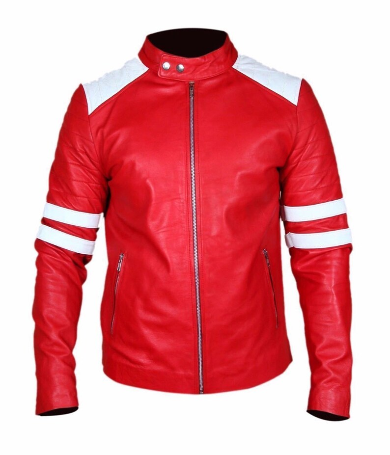 Men Red and White Stripes Sheepskin Leather Jacket