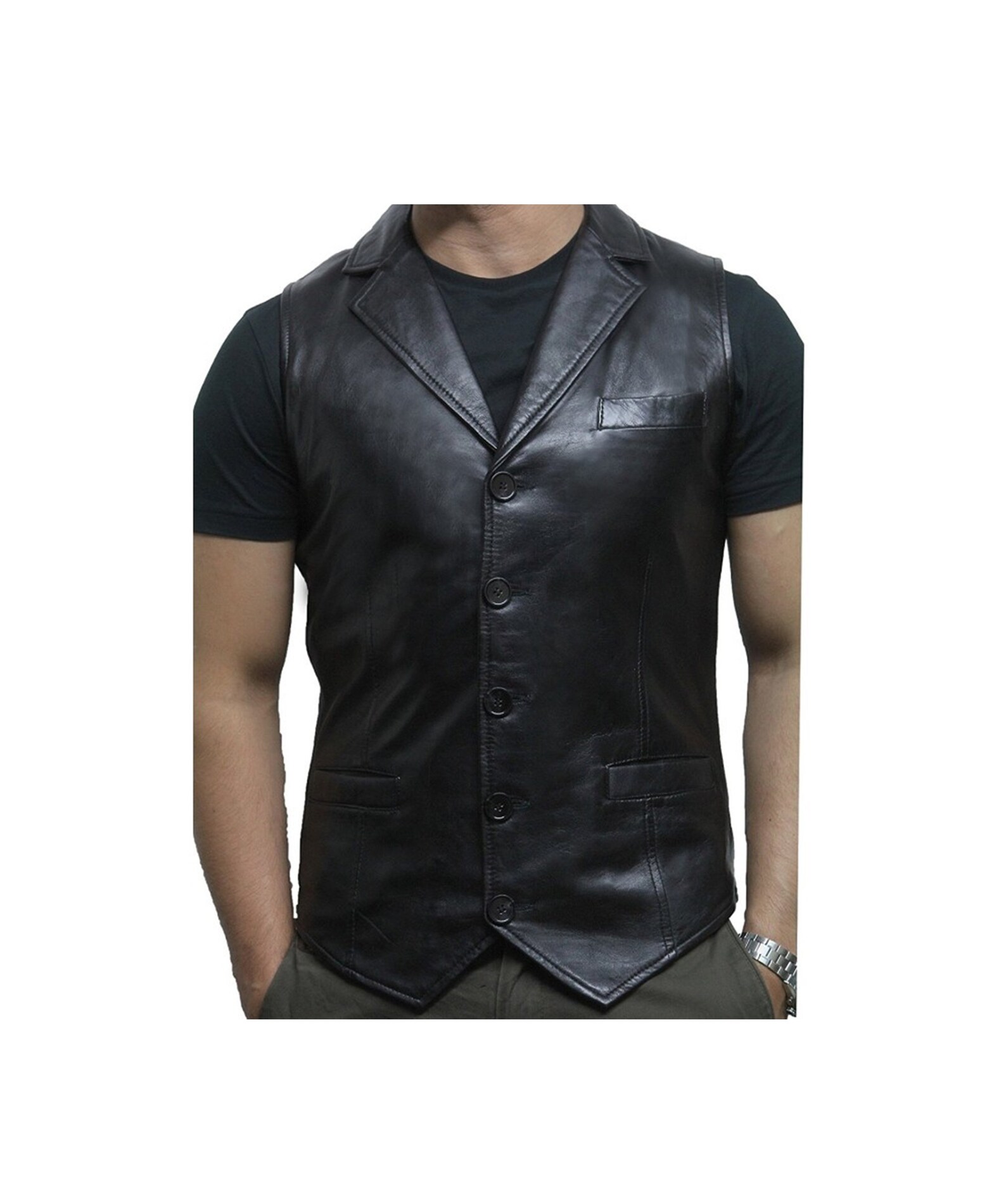 Men's Black Leather Vest Genuine Sheepskin Leather Biker Etsy