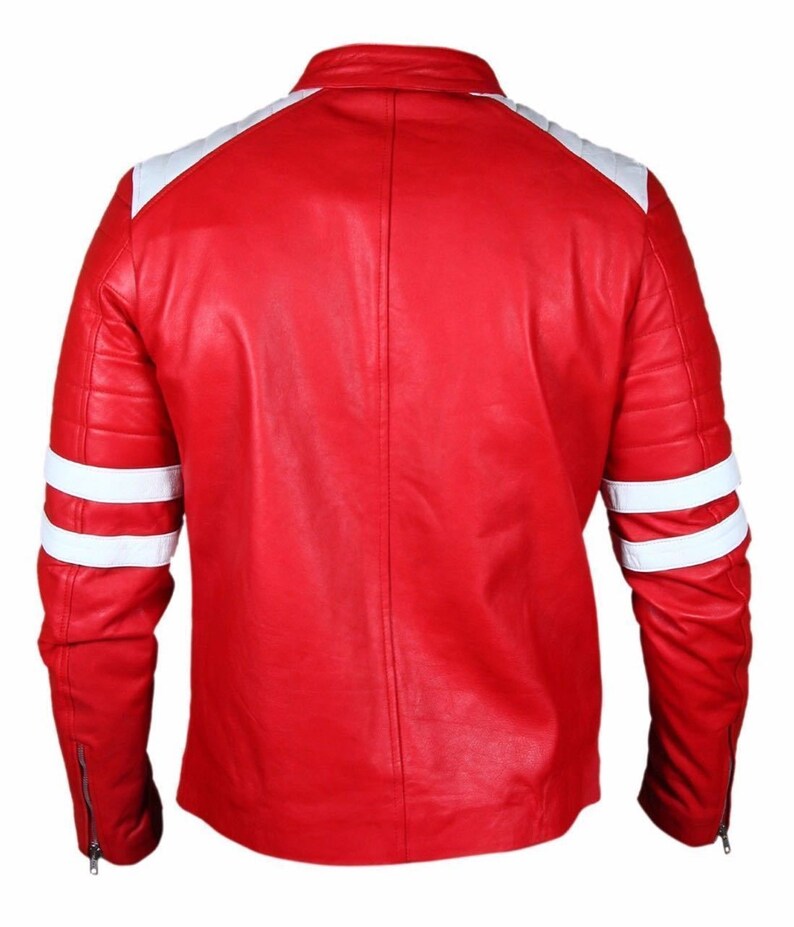Men Red and White Stripes Sheepskin Leather Jacket