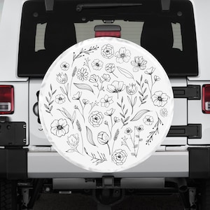 All White Botanical Spare Tire Cover, Botanical Tire Cover, Unique Spare Tire Covers Backup Camera Hole, Floral Car accessories women
