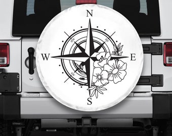 Floral compass white tire cover, All White spare tire cover, white accessories for jeep for bronco, Girly tire covers for women