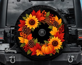 Fall Wreath Spare Tire Cover, Backup Camera option, Cozy Autumn Tire Cover, Foliage Car Accessories for jeeps, Rear camera tire cover