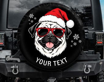 Personalized Spare Tire Cover, Christmas White Pug Tire Cover, Xmas Car accessories for pug owner, Dog Spare Tire Cover, Camera hole