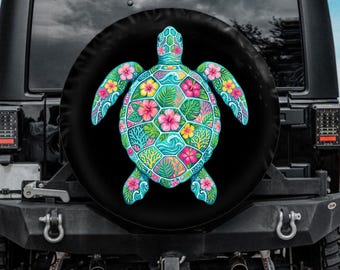 Hawaii Sea Turtle Tire Cover, Ocean Hibiscus Spare Tire Cover, Backup Camera tire cover, Turtle Car accessories, Blue Tire Cover