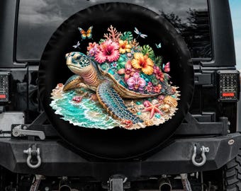 Sea Turtle and Hibiscus Flower Tire Cover, Hawaii Ocean Wave Spare Tire Cover, Backup Camera tire cover, Turtle Car accessories Women