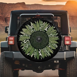 Spare Tire Cover with Army Green Sunflower, Dark Green Cheetah Sunflower Wheel Cover, Sunflower Tire Cover for Jeep, for Bronco