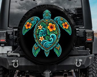 Sea Turtle Tire Cover, Hawaii Ocean Wave Hibiscus Spare Tire Cover, Backup Camera tire cover, Turtle Car accessories, Blue