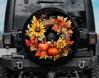 Autumn Wreath Spare Tire Cover, Backup Camera option, Cozy Fall Tire Cover, Foliage Car Accessories for jeeps, Rear camera tire cover