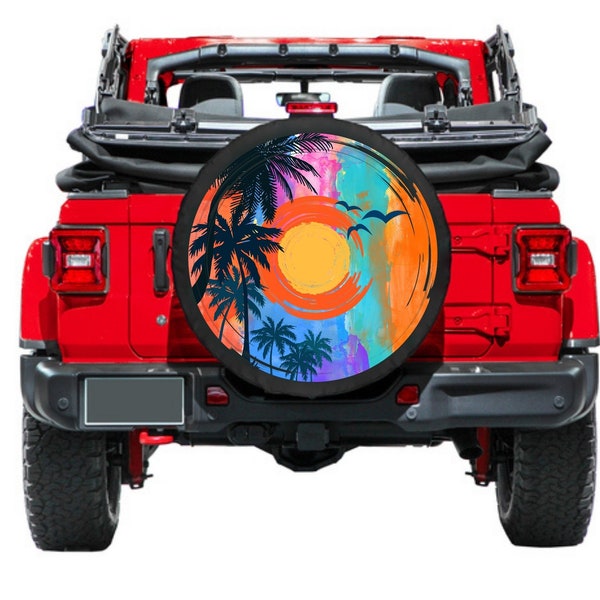 Spare Tire Cover, Beach Summer Palm Trees, Summer Spare Tire Cover for Jeep, for Bronco, Unique spare tire covers, Camper spare tire cover