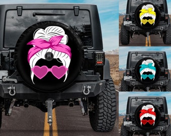 Spare Tire Cover with Messy Bun and heart shaped glasses design, Girly tire cover, Valentine's day spare tire cover, Pink Messy Bun