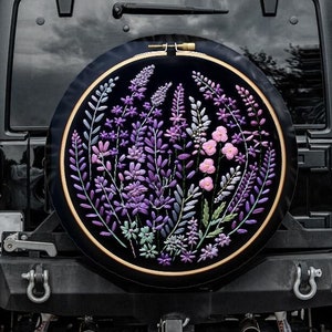 Faux Embroidery Spare Tire Cover, Botanical Tire Cover with lavender flowers, Unique Spare Tire Covers Backup Camera Hole, purple tire cover