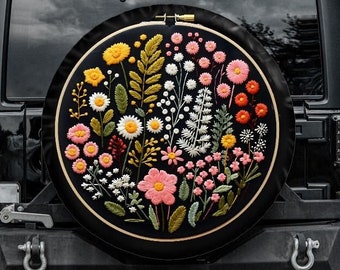 Faux Embroidery Spare Tire Cover, Floral Tire Cover, Unique Spare Tire Covers Backup Camera Hole, Botanical Car accessories women