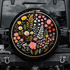 Faux Embroidery Spare Tire Cover, Floral Tire Cover, Unique Spare Tire Covers Backup Camera Hole, Botanical Car accessories women
