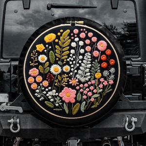Faux Embroidery Spare Tire Cover, Floral Tire Cover, Unique Spare Tire Covers Backup Camera Hole, Botanical Car accessories women