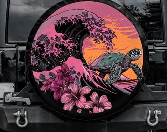 Cubierta de rueda de repuesto con diseño de tortuga marina, cubierta para cámara de respaldo, cubierta de rueda de repuesto con diseño de tortuga rosa e hibisco, accesorios para autos de tortuga para mujer, rosa y naranja