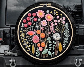 Floral Tire Cover, Faux Embroidery Spare Tire Cover, Unique Spare Tire Covers Backup Camera Hole, Botanical Car accessories women