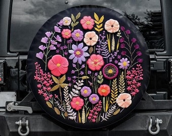 Faux Embroidery Spare Tire Cover, Botanical Tire Cover with purple and pink flowers, Unique Spare Tire Covers Backup Camera Hole, floral