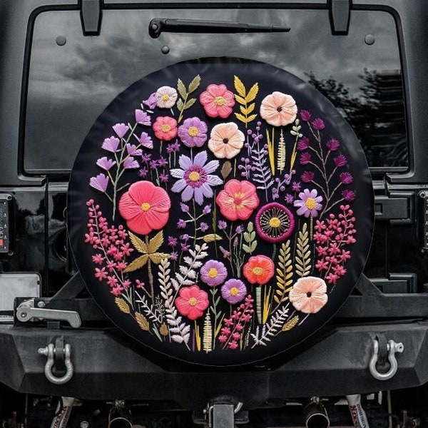 Faux Embroidery Spare Tire Cover, Botanical Tire Cover with purple and pink flowers, Unique Spare Tire Covers Backup Camera Hole, floral