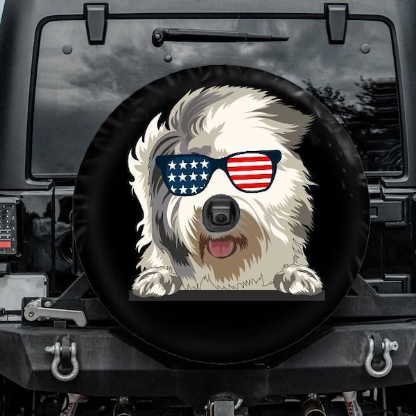 Old English Sheepdog Tire Cover, Spare Tire Cover, Car accessories for Sheepdog owner, Pet Dog Spare Tire Cover, Camera hole, American flag