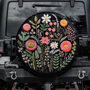 Faux Embroidery Spare Tire Cover, Botanical Tire Cover, Unique Spare Tire Covers Backup Camera Hole, Floral Car accessories women