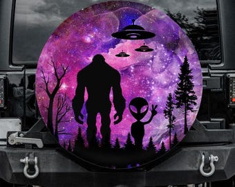 Cubierta de llanta de repuesto con diseño de Bigfoot y galaxia alienígena, cubierta de llanta con cámara de respaldo, cubierta de llanta de repuesto OVNI alienígena para jeep, para bronco
