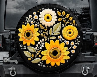 Faux Embroidery Spare Tire Cover, Sunflower Tire Cover, Unique Spare Tire Covers Backup Camera Hole, Yellow tire cover, Boho tire cover
