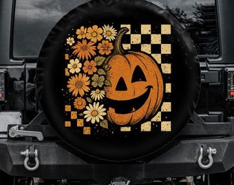 Funda para neumáticos de Halloween con diseño floral de Jack-O-Lantern, funda para neumáticos de calabaza naranja, orificio para cámara de marcha atrás, accesorios para coche de Halloween, coche de otoño