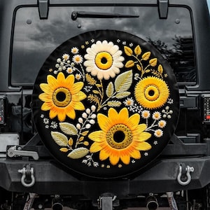 Faux Embroidery Spare Tire Cover, Sunflower Tire Cover, Unique Spare Tire Covers Backup Camera Hole, Yellow tire cover, Boho tire cover image 1