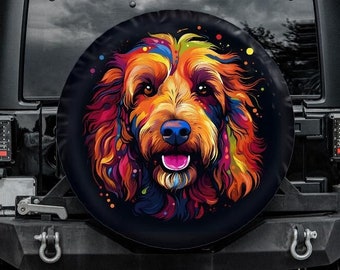 Golden Doodle Tire Cover for Jeep for Bronco, Car accessories for doodle owner, Dog Spare Tire Cover, Camera hole, Rainbow dog