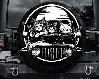 Spare wheel cover with a cat gang, Funny Tire Cover with Gangster cats. Funny car accessories, backup camera option