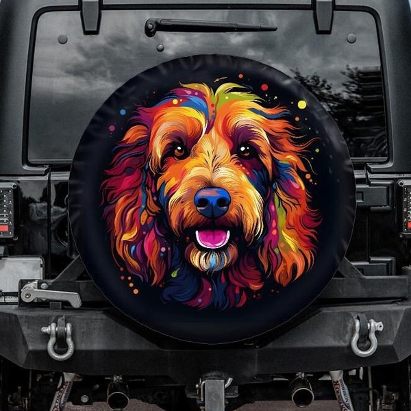 Golden Doodle Tire Cover for Jeep for Bronco, Car accessories for doodle owner, Dog Spare Tire Cover, Camera hole, Rainbow dog