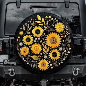 Faux Embroidery Spare Tire Cover, Sunflower Tire Cover, Unique Spare Tire Covers Backup Camera Hole, Yellow Sunflower Car accessories