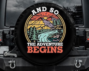 Camping Tire Cover Retro, Adventure Begins Tire Cover, Mountain Tire Cover backup camera hole, Camper Tire Cover, Unique Spare Tire Covers