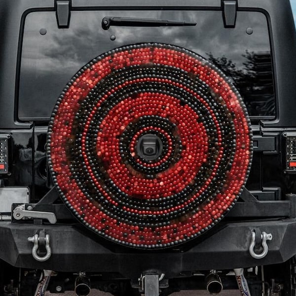 Faux Beadwork Spare Tire Cover, Black Red Tire Cover for Jeep for Bronco, Unique Spare Tire Covers Backup Camera Hole, Car accessories women