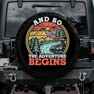 Camping Tire Cover Retro, Adventure Begins Tire Cover, Mountain Tire Cover backup camera hole, Camper Tire Cover, Unique Spare Tire Covers